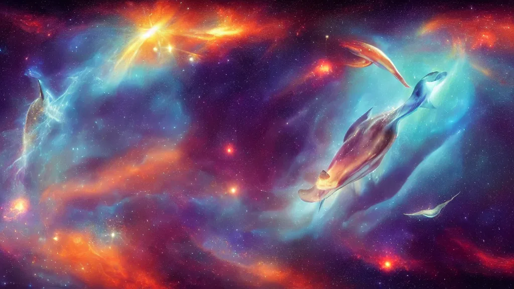 Image similar to Ethereal blue fire whale and dolphins flying through a nebula, star dust, cosmic, magical, shiny, glow,cosmos, galaxies, stars, outer space, stunning, by andreas rocha and john howe, and Martin Johnson Heade, featured on artstation, featured on behance, golden ratio, ultrawide angle, hyper detailed, photorealistic, epic composition, wide angle, f32, well composed, UE5, 8k