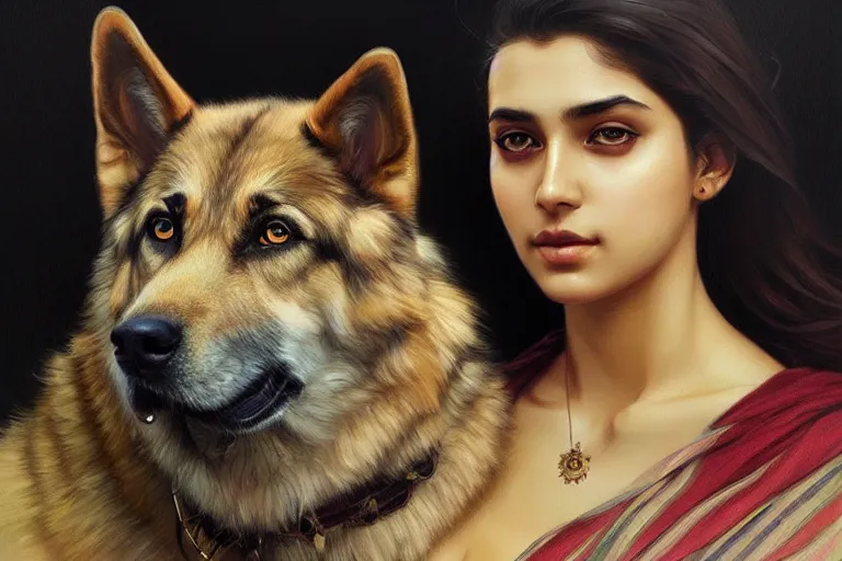 Image similar to sensual good looking pale young bengali girl with soulful eyes with a majestic german shepherd, portrait, elegant, intricate, digital painting, artstation, concept art, smooth, sharp focus, illustration, art by artgerm and greg rutkowski and alphonse mucha