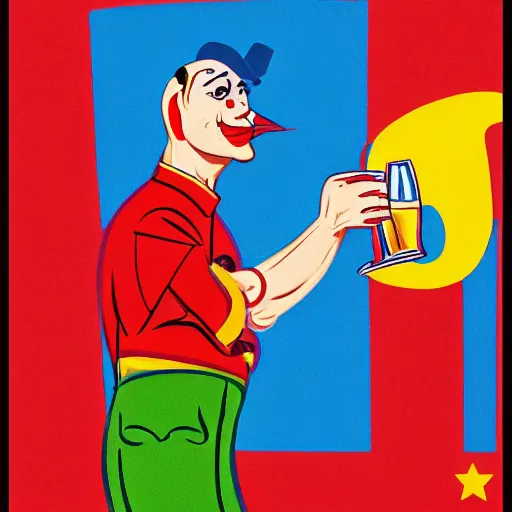 Image similar to communist clown drinking champagne, soviet propaganda, vivid colors, poster art style, detailed image, saturated colors, dominating red, detailer portrait, male face, very happy
