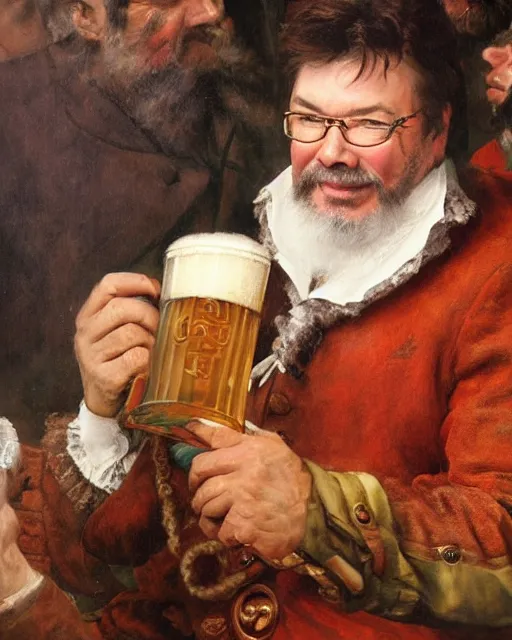 Prompt: a painting of jonathan frakes holding a mug of beer at the oktoberfest, a detailed painting by konstantin makovsky and by jan matejko and by nikolay makovsky, shutterstock contest winner, german romanticism, detailed painting, oil on canvas, wimmelbilder
