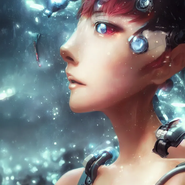 Image similar to beautiful anime girl cyborg looking surreal - by tom bagshaw, by ilya kuvshinov, rtx rendering, octane render 1 2 8 k, maya, extreme high intricate details by wlop, digital anime art by ross tran, medium shot, close up shot, composition by sana takeda, dramatic lighting by greg rutkowski, 8 k, trending on artstation