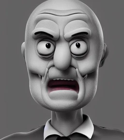 Image similar to professional photograph of a portrait of a human Mr. Meeseks from Rick and Morty, black and white, studio lighting, highly detailed render