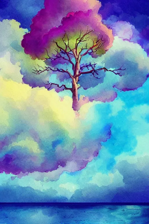 Prompt: beautiful digital watercolor painting of fantasy tree and candy cloud sky watercolor ocean with swirling colors greg rutkowki artstation