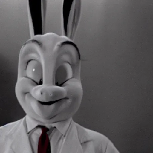 Image similar to Film still of Bugs Bunny in Twin Peaks (1990 TV Series, David Lynch), eerie, ominous, the black lodge (Twin Peaks)