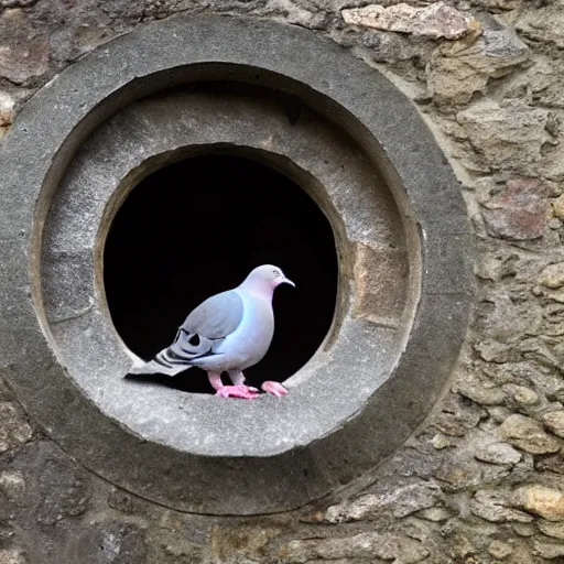 Image similar to a pigeon stuck in a loophole inside a medieval wall