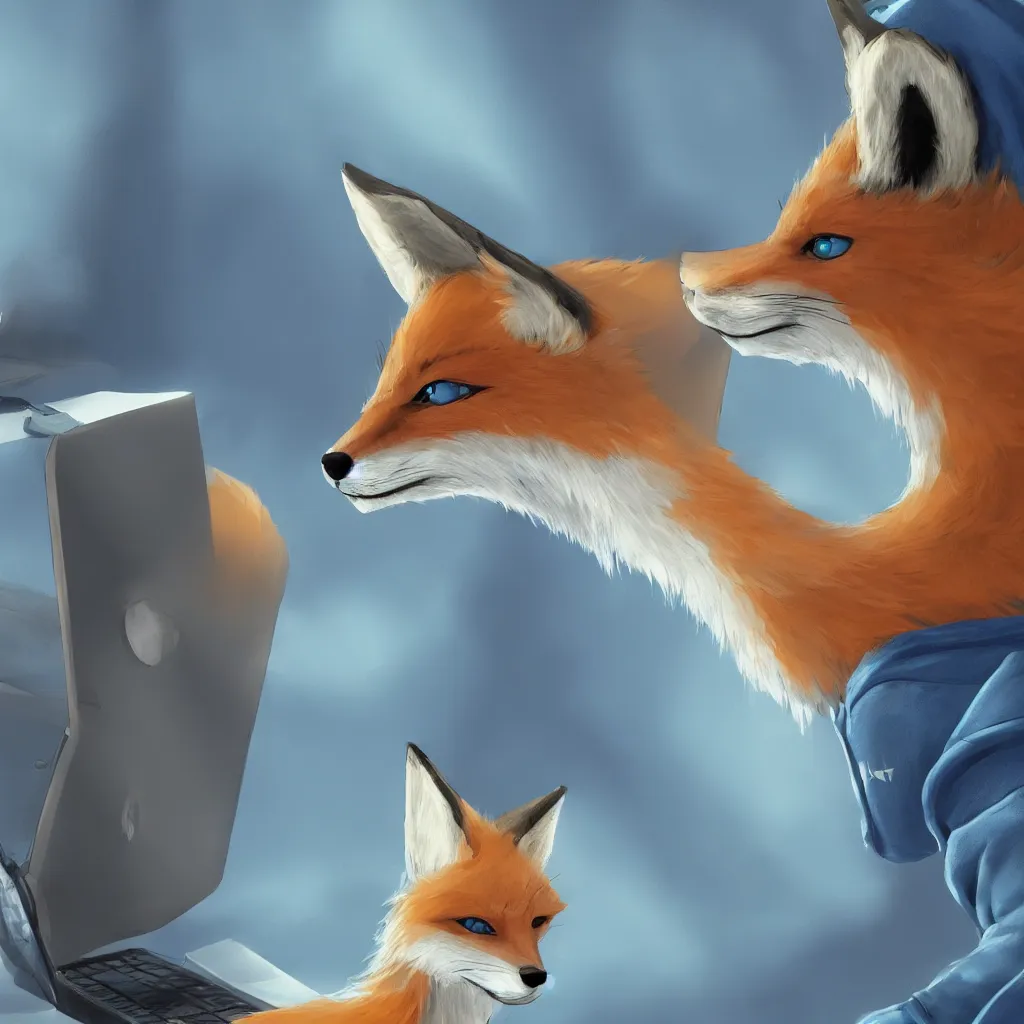 Image similar to a closeup profile shot of an anthropomorphic fox in a blue hoodie sitting in front of the computer, dark tones, concept art, digital art, highly detailed, anime, by hayao miyazaki