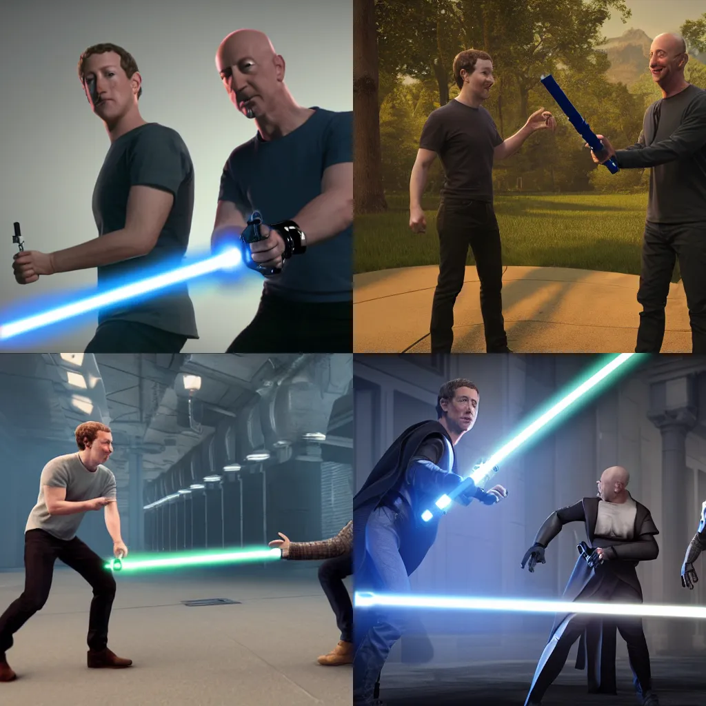 Prompt: mark zuckerberg and jeff bezos having a lightsaber fight | cinematic lighting | detailed render | unreal engine