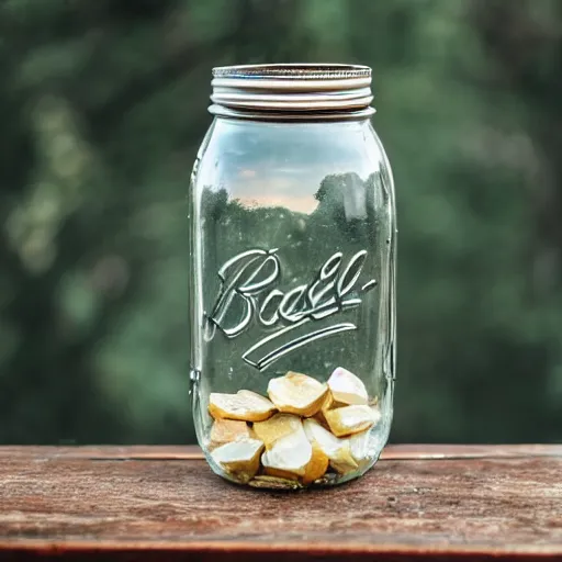 Prompt: a fanstasy world inside of a hlass mason jar, on a wooden desk