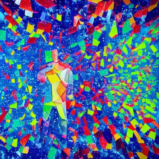 Prompt: shattered glass, space, low poly, colorful, oil, expressionism, man, snow,