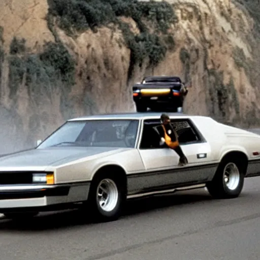 Image similar to movie still of kitt from the knight rider jumping over a truck