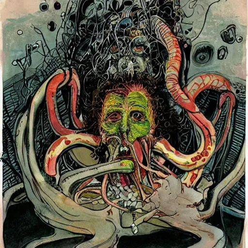 Image similar to graphic illustration, creative design, medusa, biopunk, by ralph steadman, francis bacon, hunter s thompson