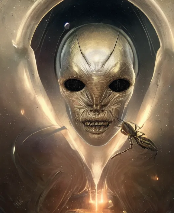 Prompt: simplicity, portrait of a alien insect, adorable, childlike, milky way environment, ultra realistic, concept art, intricate details, cheerful, highly detailed, photorealistic, octane render, 8 k, unreal engine. art by artgerm and hr giger and greg rutkowski and alphonse mucha