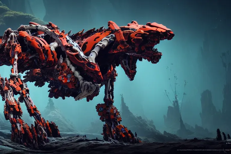 Prompt: a hyper detailed fanghorn evangelion realistic mechanical and organic creature similar look as horizon forbidden west horizon zero dawn, bioluminiscence in a dark deep forest at dawn in spring, with reflection and textures, by kilian eng, substance painter reaslitic mech surface metal painted scratches, world env from horizon forbidden west horizon zero dawn