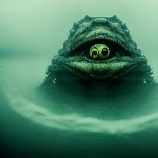 Image similar to sea monster about to eat pov underwater, pale skin, dark yellowish water, foggy water, dark, dramatic,'silent hill ', big eyes, alluring and terrifying, cinematic