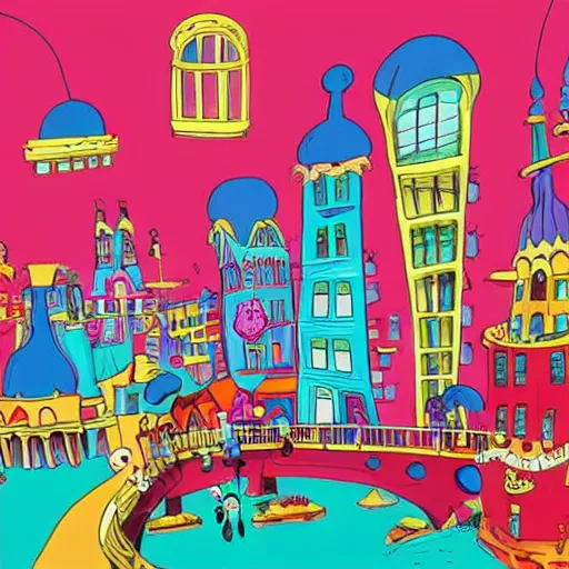 Image similar to fanciful city filled with curvy buildings, by dr seuss, oh the places you'll go, arches, platforms, towers, bridges, stairs, colorful kids book illustration