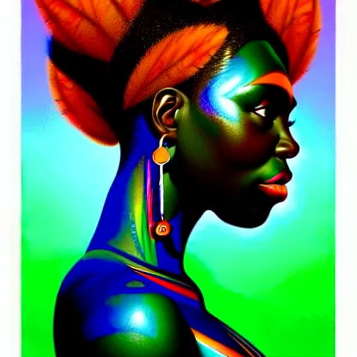 Prompt: centered chiaroscuro girlboss portrait of african goddess of nature, symmetrical face, iridescent feathers 3 d subsurface scattering, character concept art in hues of blue - green and red - orange, by artgerm