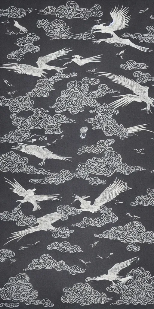 Image similar to black paper, an intricate old fashioned depiction of chinese crane, chinese auspicious cloud pattern surrounds it, symmetre, elaborate ink illustration by wu daozi, qiu ying