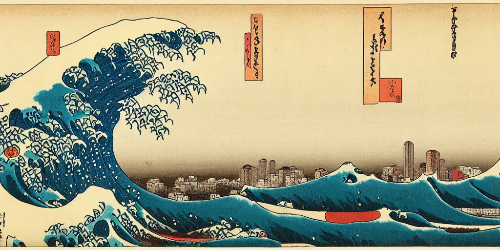 Image similar to ukiyo-e lanscape portrait of the Boston Skyline by hokusai