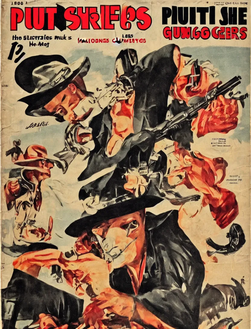 Prompt: 1950s pulp magazine featuring Hot Shots Megee a gunslinger cowboy who wears a Lone Ranger mask, detailed