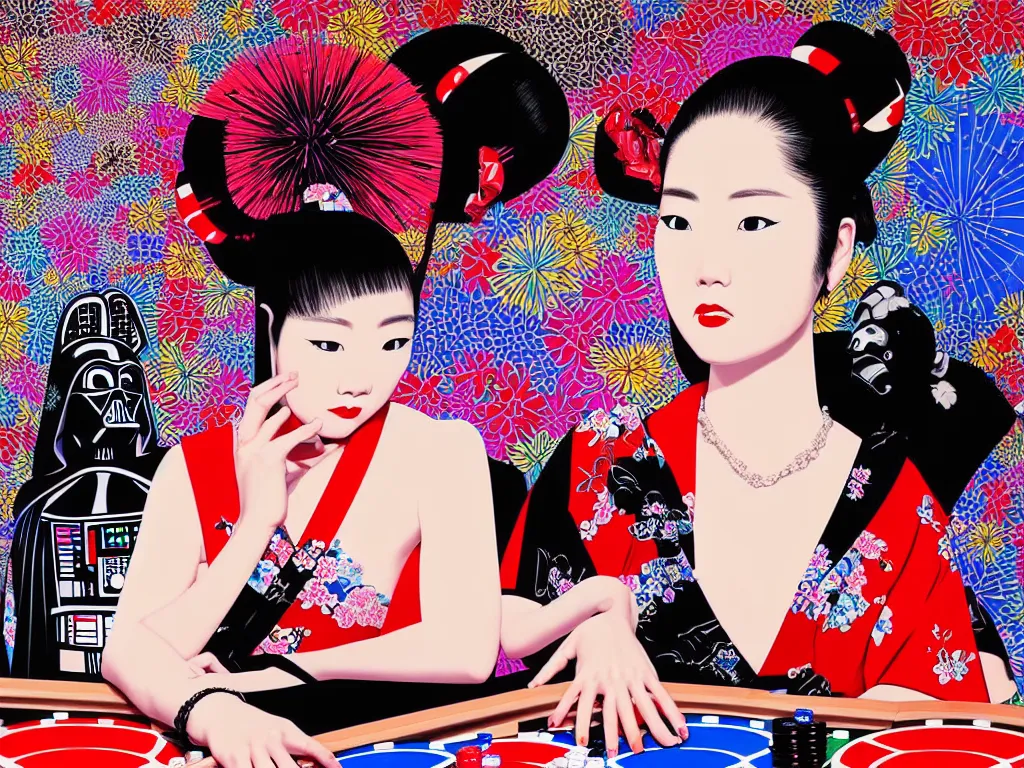 Image similar to hyperrealistic composition of the detailed woman in a japanese kimono sitting at a extremely detailed poker table with detailed darth vader, fireworks, mount fuji on the background, pop - art style, jacky tsai style, andy warhol style, acrylic on canvas