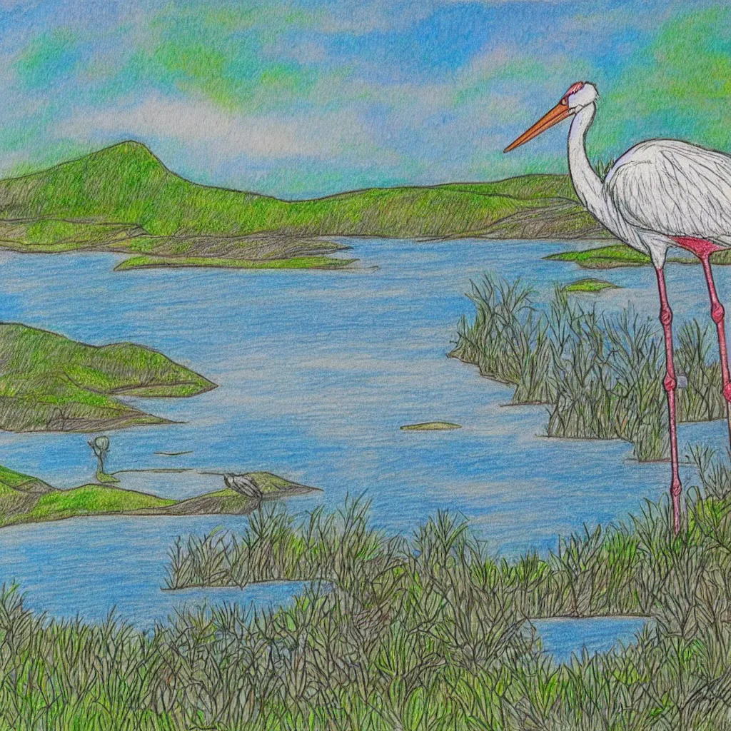 Image similar to post stamp drawing of a stork, lake and forest in distance, colourful, very detailed, 4 k