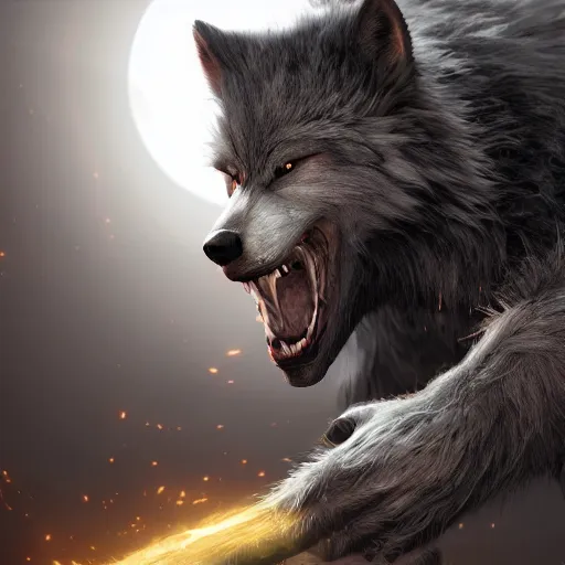 Prompt: 8k ultra realistic werewolf videogame promotional art, grey fur, full of colour, cinematic lighting, trending on artstation, focused, extreme details, unreal engine 5, cinematic