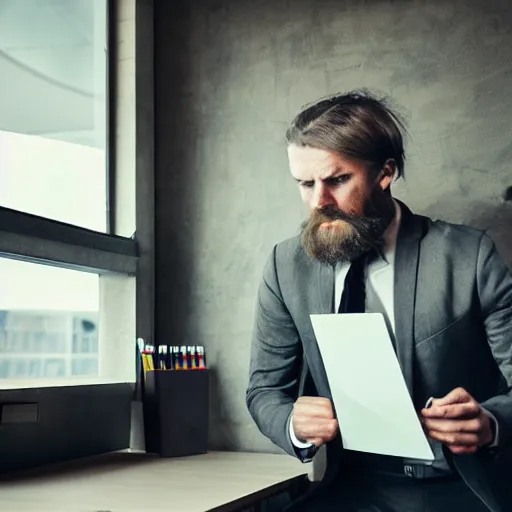 Prompt: modern day viking working in an office, frustrated, photorealistic, depressing