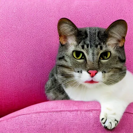 Prompt: a anthropomorphic cat with pink fur sitting on a couch