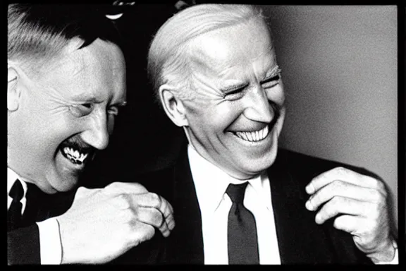 Image similar to “ very very intricate photorealistic photo of hitler and joe biden laughing together, detailed natural lighting, award - winning crisp details ”