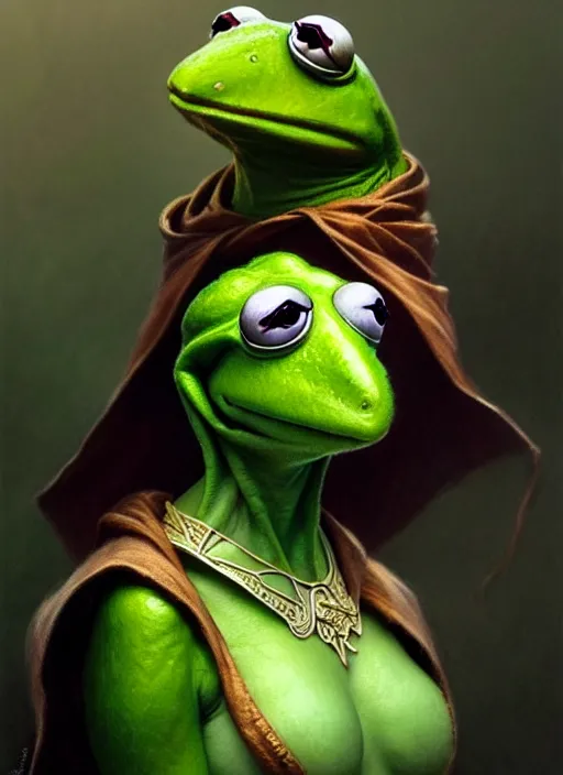 Image similar to Portrait of Kermit the frog, D&D, fantasy, intricate, elegant, highly detailed, digital painting, artstation, concept art, smooth, sharp focus, illustration, art by artgerm and greg rutkowski and alphonse mucha