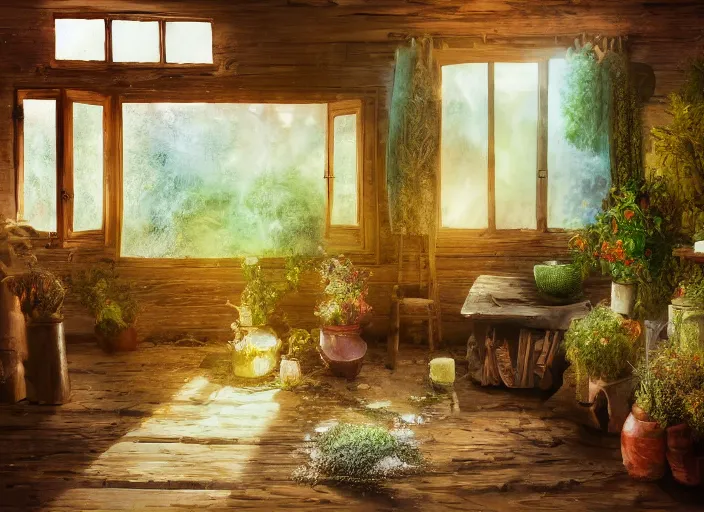 Image similar to rustic oil painting, interior view of a cluttered herbalist cottage, waxy candles, wood furnishings, herbs hanging, light bloom, dust, ambient occlusion, rays of light coming through windows, oil painting