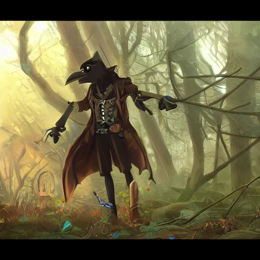 Image similar to concept art painting of an anthropomorphic humanoid crow, with steampunk clothes, in the deep forest, realistic, detailed, cel shaded, in the style of makoto shinkai and greg rutkowski and james gurney