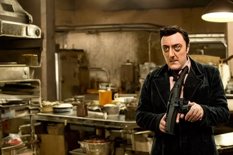 Prompt: a film still of Peter Serafinowicz in the Warner Brothers movie Kitchen Gun, high quality