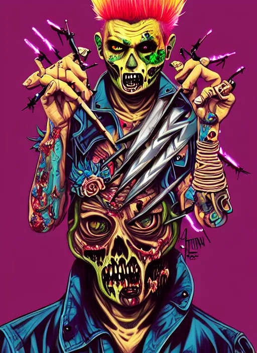 Image similar to a zombie punk rocker with a mohawk playing electric guitar, tristan eaton, victo ngai, artgerm, rhads, ross draws