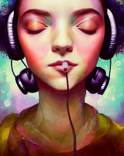 Image similar to faerie with headphones and a spliff. smug smile and closed eyes. noble bearing. award winning ornate symmetry matte portrait, artgerm, rhads watercolor, determination