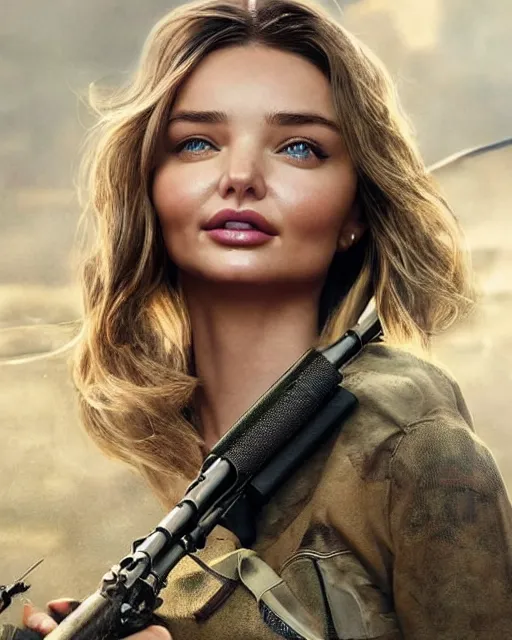 Image similar to miranda kerr with long blonde hair versus long barreled 9 0 sniper rifle : : weta disney pixar movie fullbody still photo : : hi - fructose, sci fi decadent highly - detailed digital painting, golden ratio, octane render, artstation, smooth, sharp focus, artgerm, mucha, loish, wlop : :