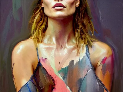 Prompt: a beautiful ultra realistic fine art painting of Olivia Wilde wearing warpaint, by Greg Rutkowski and Jenny Saville, studio portrait, vibrant colors, 4K