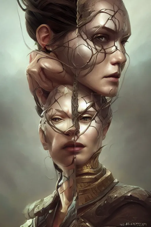 Image similar to triple faces blending into each other surrealism, d & d, fantasy, portrait, highly detailed, headshot, digital painting, trending on artstation, concept art, sharp focus, illustration, art by artgerm and greg rutkowski and charlie bowater