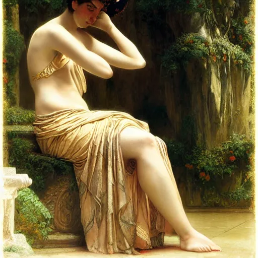 Prompt: dipression as greek goddes, craig mullins, j. c. leyendecker, lights, art by ernst haeckel, john william godward, hammershøi,,