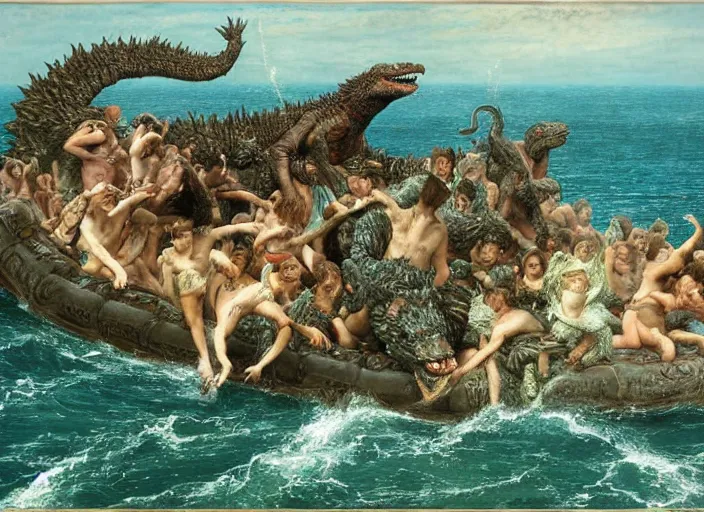 Image similar to godzilla attacking the raft of the medusa, painting by lawrance alma - tadema, by roger corman, 4 k, hyper - realistic, highly detailed