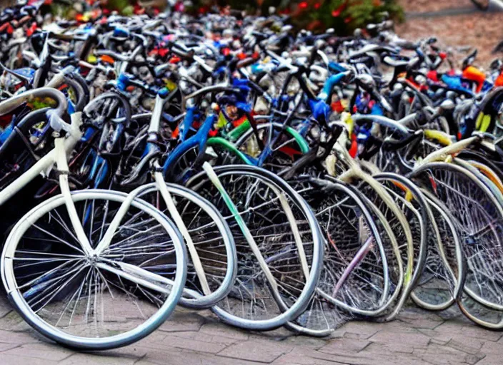 Prompt: a pile of soft bicycles .