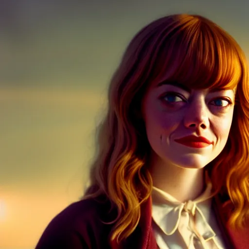 Image similar to beautiful hyperdetailed photograph of emma stone as hermione granger, golden hour, soft focus, medium shot, 8 k, portra 4 0 0