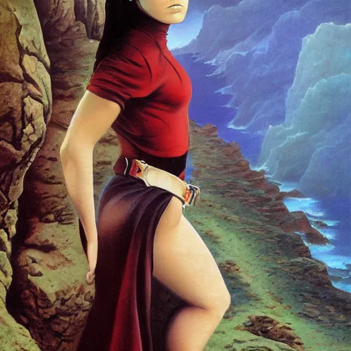 Image similar to teenage emo woman standing on a cliff, heroic, epic, matte painting by Boris Vallejo