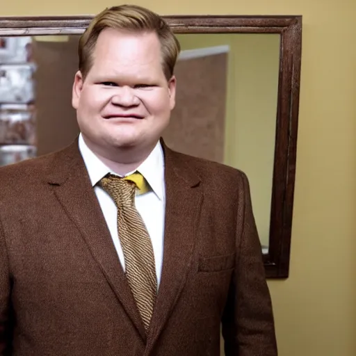 Prompt: Andy Richter is wearing a chocolate brown suit and yellow shirt and necktie. Andy is standing in front of a mirror.