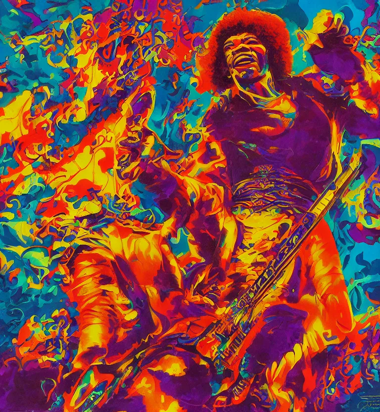 Prompt: colourful biomorphic temple, jimi hendrix full body, by pascal blanche and greg hildebrandt, 8 k