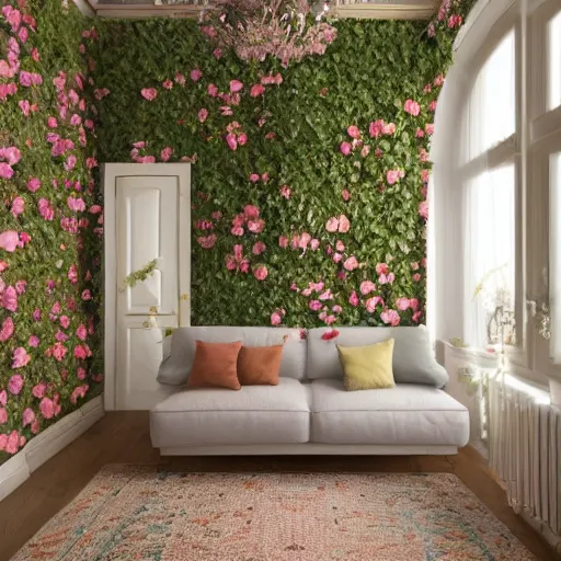 Image similar to interior art nouveau french appartment, white wood wall in background, flowers all over wall, albert bierstadt, photorealism, 8 k, detailed, clean