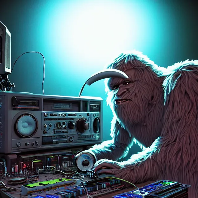 Image similar to a portrait of an anthropomorphic cyberpunk yeti podcasting while working in his secret electronics lab, detailed render, tape deck, microphone, boombox, headphones, epic composition, cybernetics, 4 k realistic, cryengine, realistic shaded lighting, sharp focus, masterpiece, by matteo scalera, gary montalbano, peter elson in the style of the tokyo ghost comic