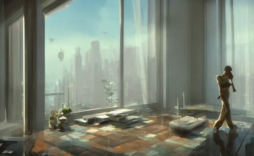 Image similar to penthouse, painting by Craig Mullins, octane rendering, soft morning lighting, wide angle lens, in the style of Hayao Miyazaki, trending on artstation,