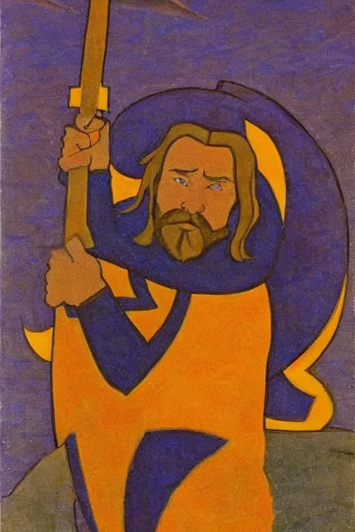 Image similar to thor with hammer, marvel, artwork by nicholas roerich,