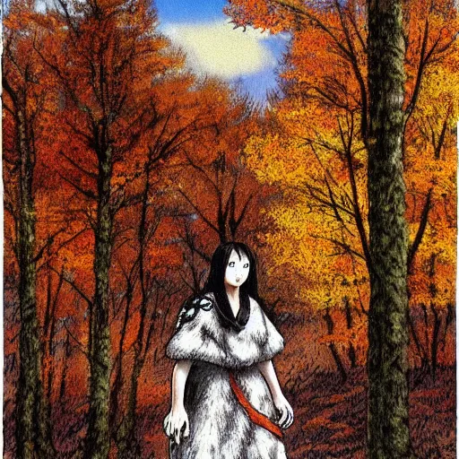 Prompt: lone girl dressed in bear skin, walks in autumn forest, by Kentaro Miura